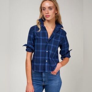 Frank and Eileen Silvio Woven Shirt Button Up Navy Windowpane Women's Size XS